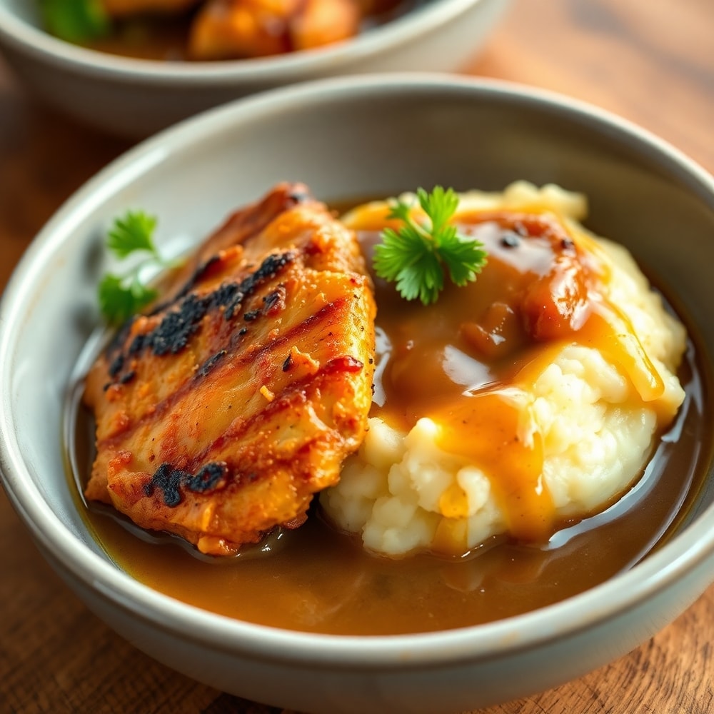 Plated serving of Juicy Grilled Chicken Mashed Potato Bowls