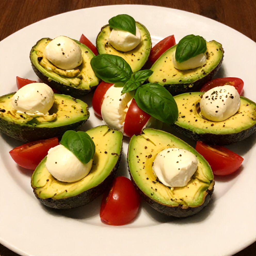 Plated Keto Caprese Stuffed Avocado Bites on a white plate