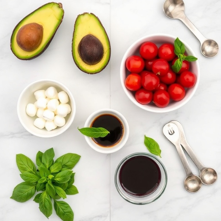 Raw ingredients for Keto Caprese Stuffed Avocado Bites on a white marble surface