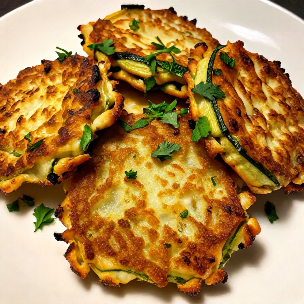 Plated keto zucchini parmesan fritters with sour cream dip