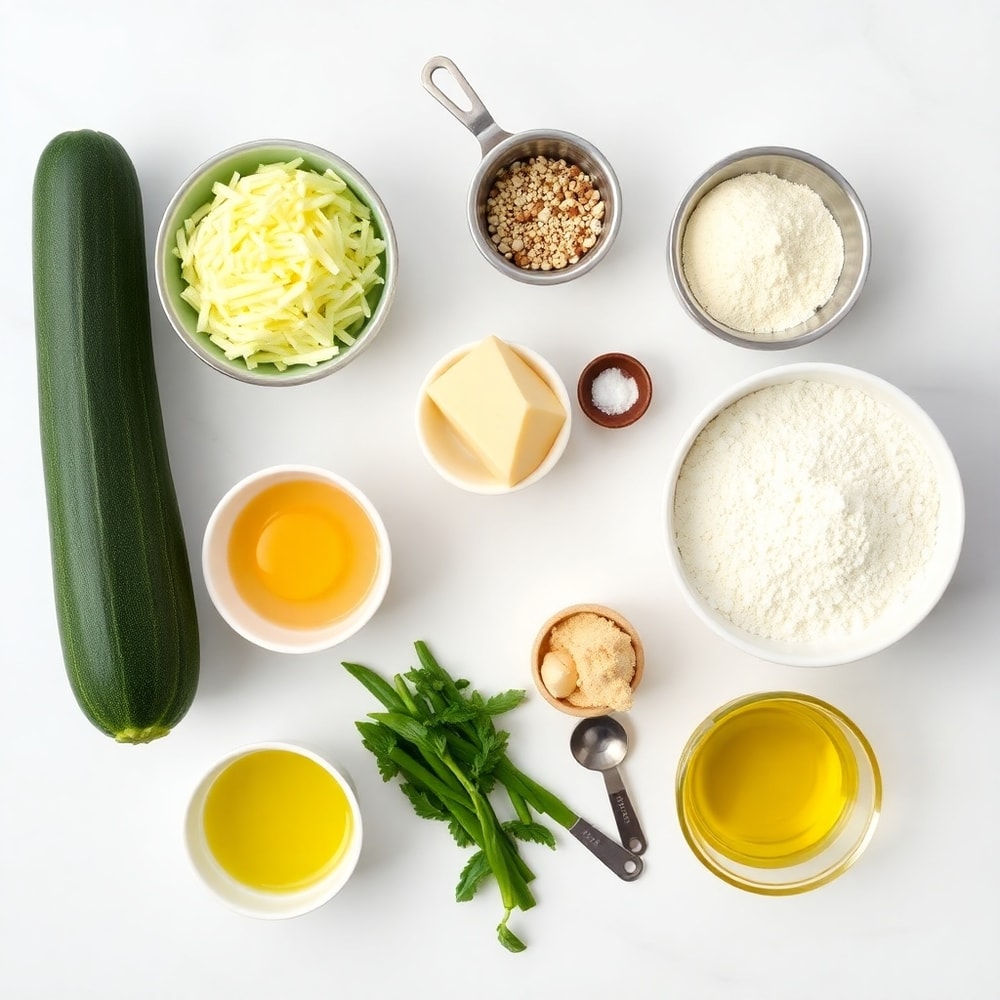 Raw ingredients for keto zucchini parmesan fritters on a marble surface