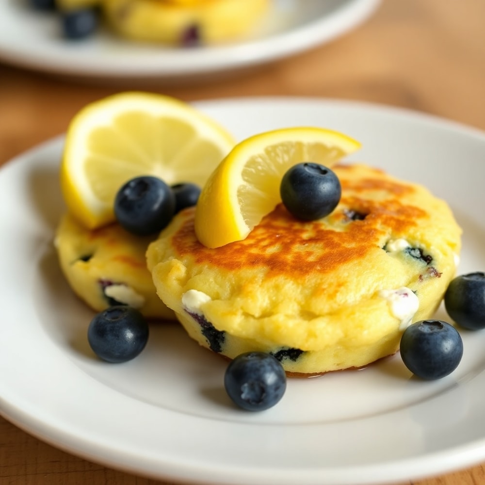 Lemon Blueberry Cottage Cheese Pancake Bites plated with a lemon wedge