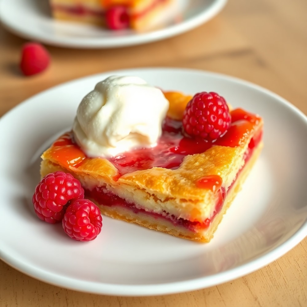 Lemon Raspberry Bars on a plate with a scoop of vanilla ice cream