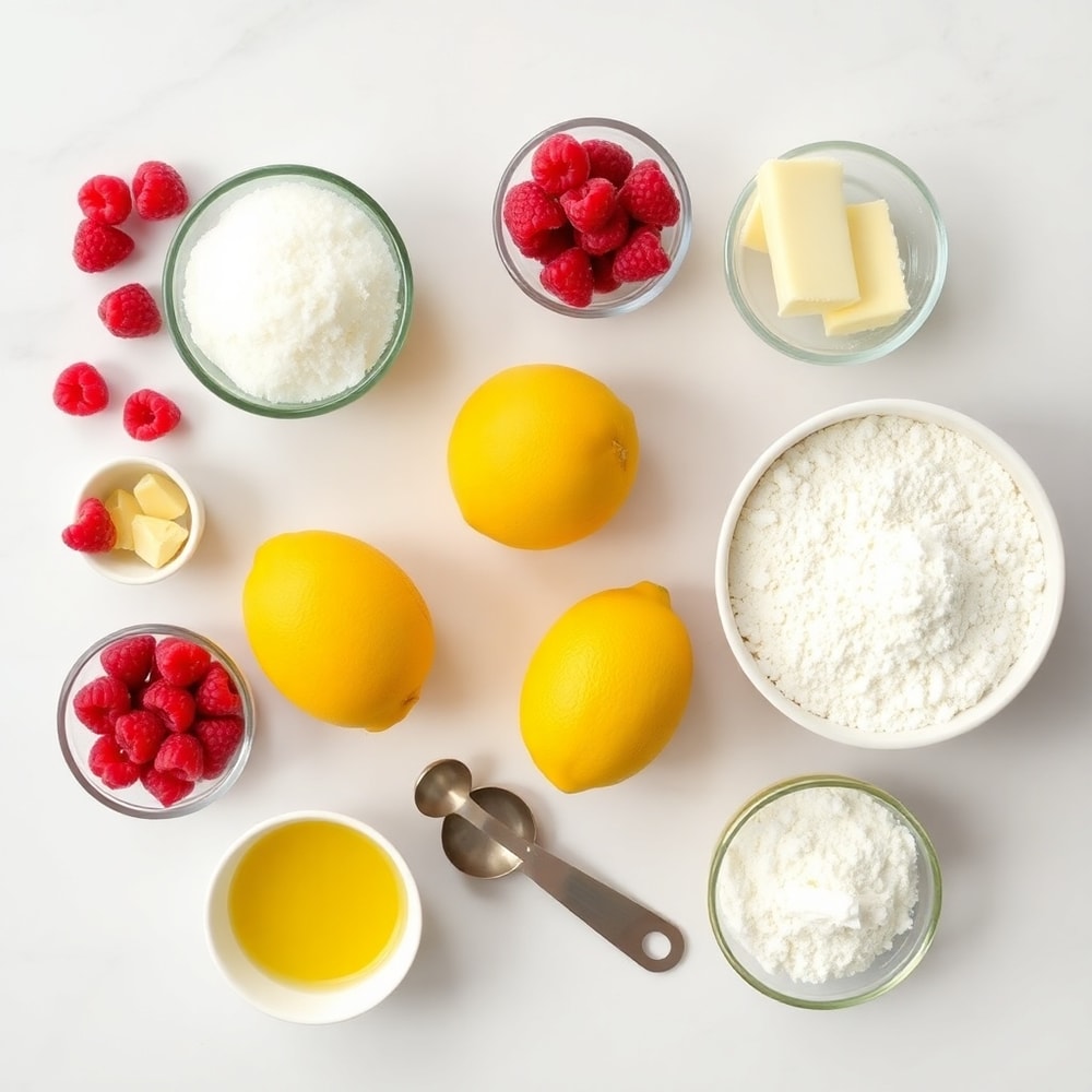 Raw ingredients for Lemon Raspberry Bars including lemons, raspberries, and flour