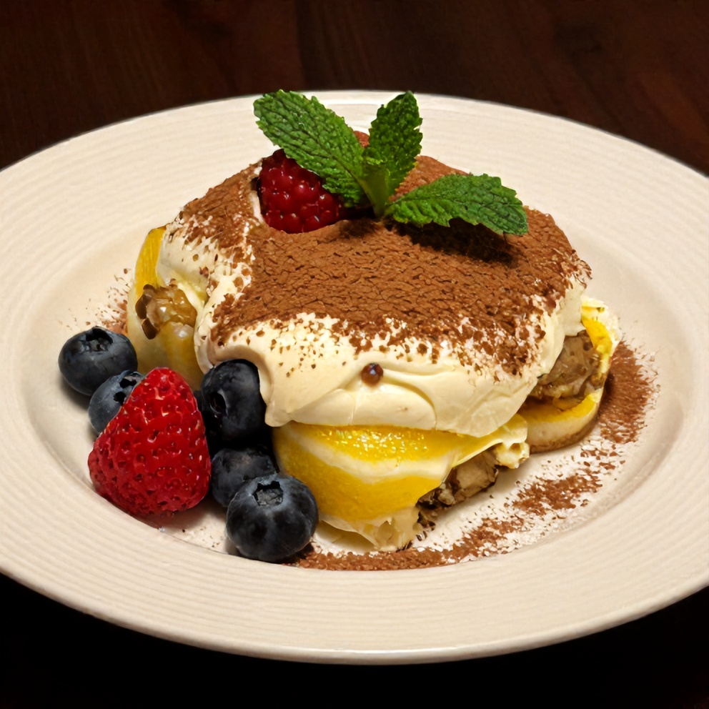 Plated lemon tiramisu with fresh berries and mint leaves