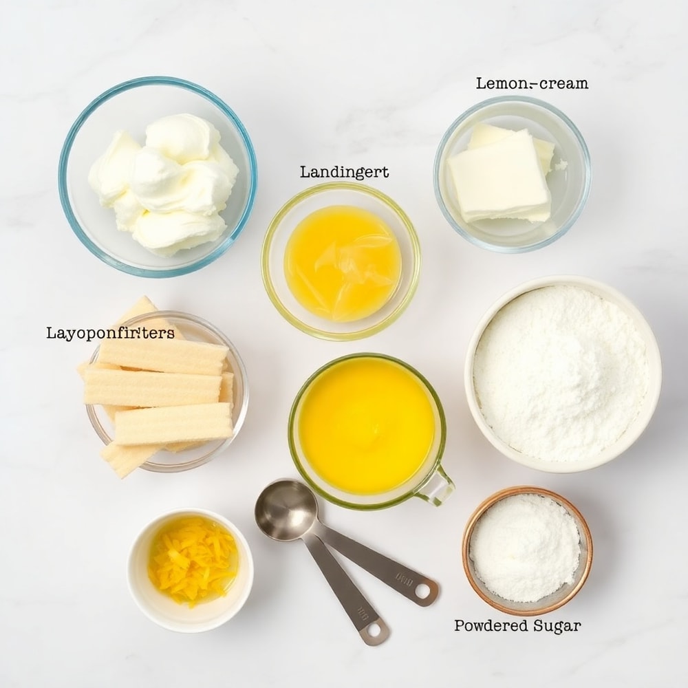 Raw ingredients for lemon tiramisu including ladyfingers, mascarpone, lemon curd, and heavy cream