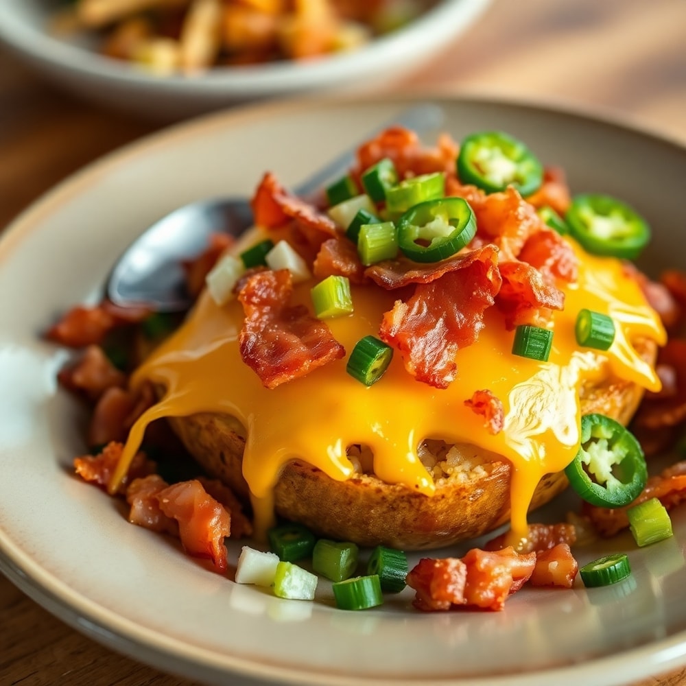 Loaded Potato Taco Bowl plated with crispy bacon, melted cheese, and fresh toppings