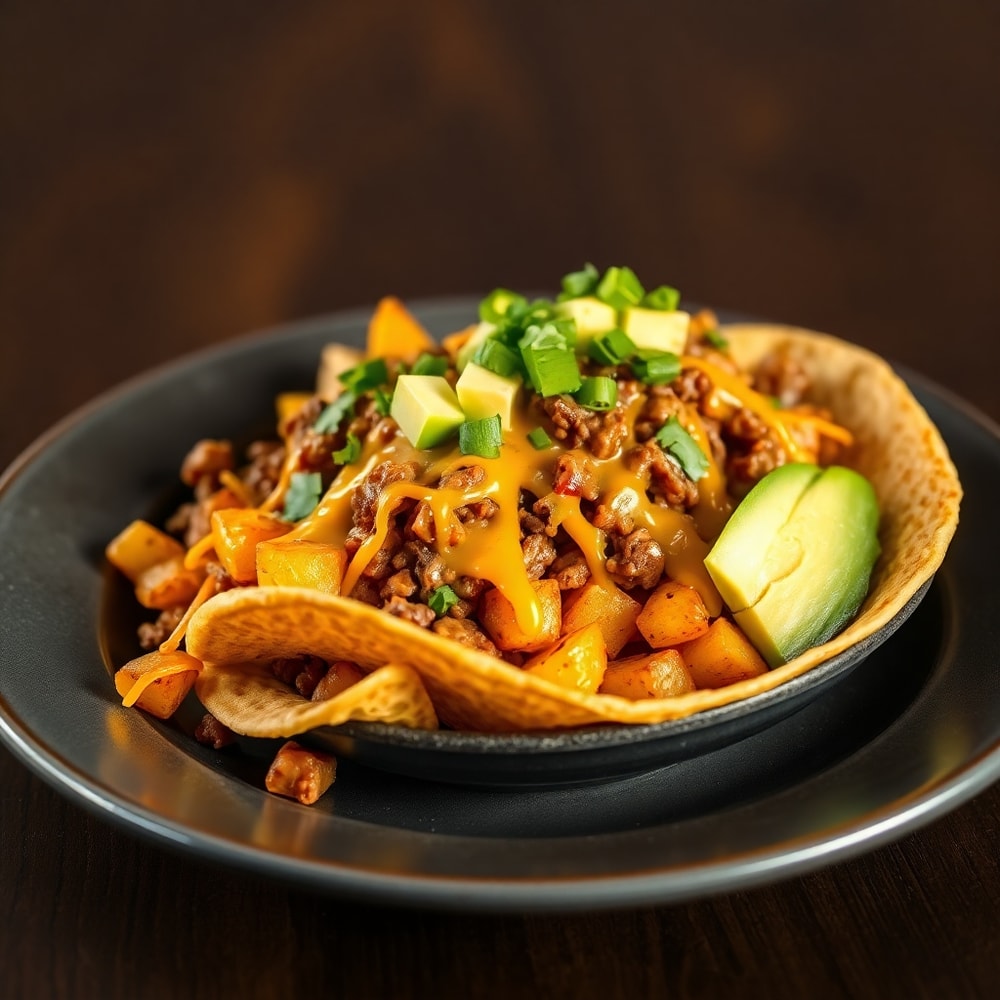 Loaded Potato Taco Bowl plated with avocado and sour cream