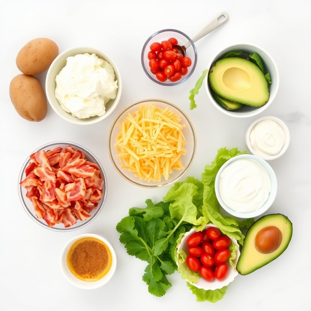 Raw ingredients for Loaded Potato Taco Bowl: potatoes, bacon, cheese, lettuce, tomatoes, avocado, sour cream, and taco seasoning