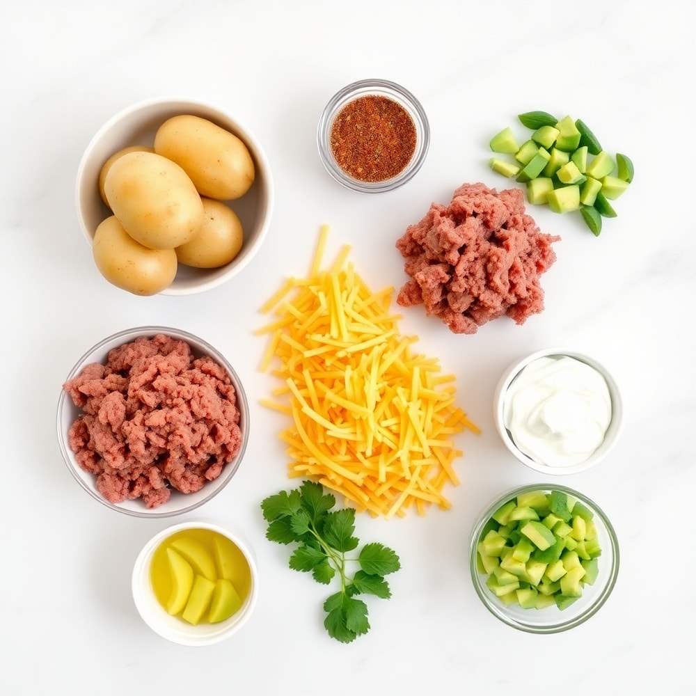 Raw ingredients for Loaded Potato Taco Bowl including potatoes, ground beef, and cheese