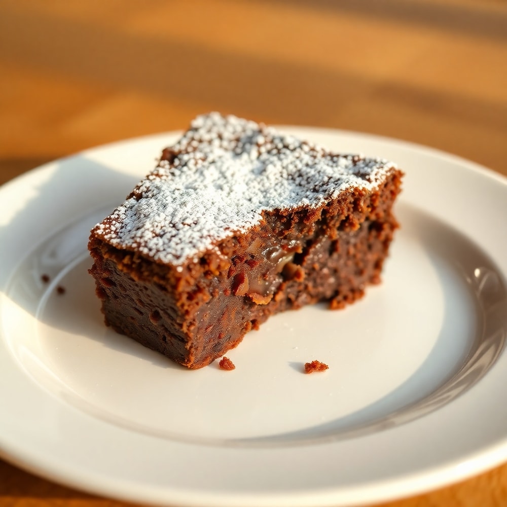 Plated Lunch Lady Brownies with a dusting of powdered sugar