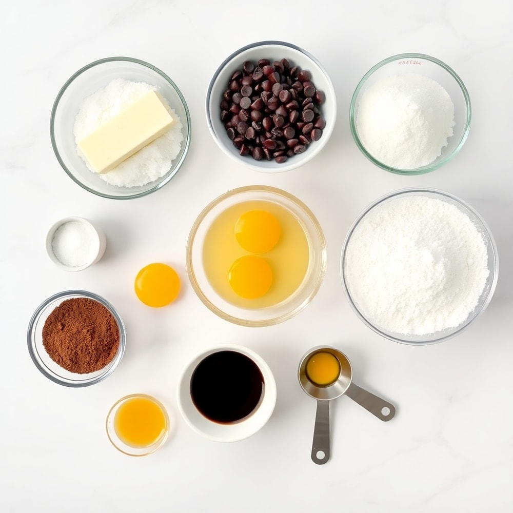Raw ingredients for Lunch Lady Brownies: butter, chocolate chips, sugar, eggs, flour, cocoa powder, powdered sugar