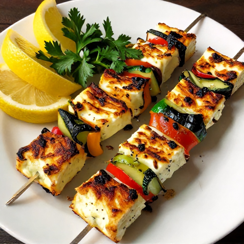 Plated Halloumi Skewers with herb sauce