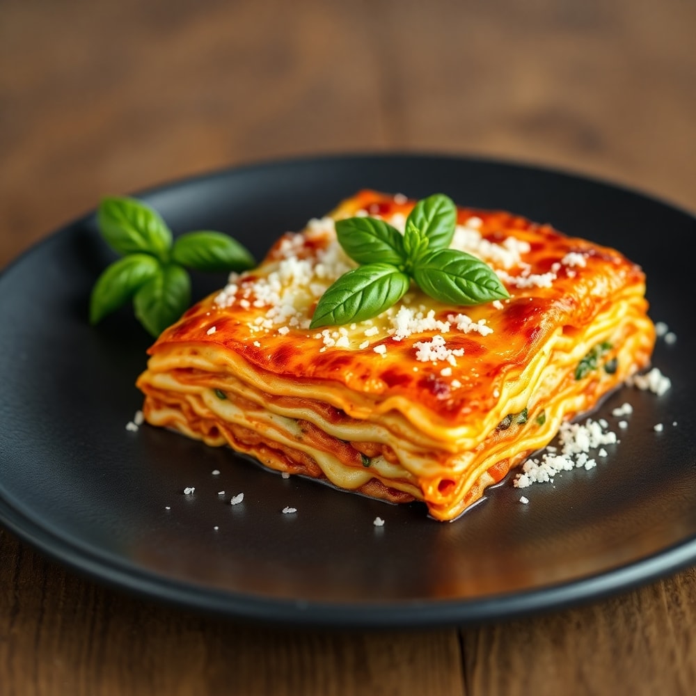 Plated Million Dollar Lasagna with fresh basil