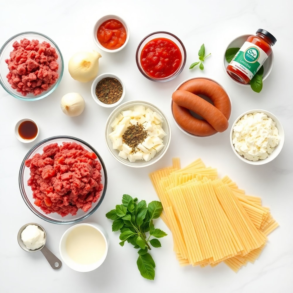 Raw ingredients for Million Dollar Lasagna on marble surface
