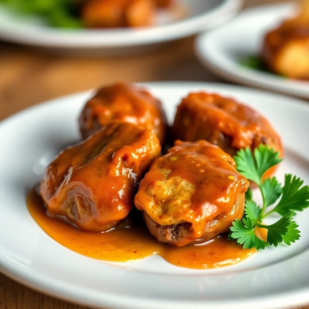 Plated Mississippi Steak Bites with parsley garnish