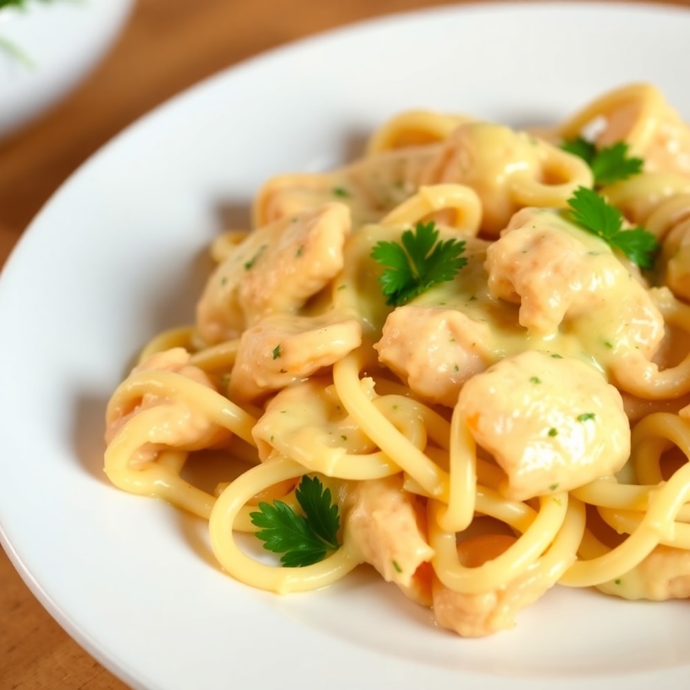 Plated Mozzarella Garlic Butter Chicken Bowties in Cheesy Cream