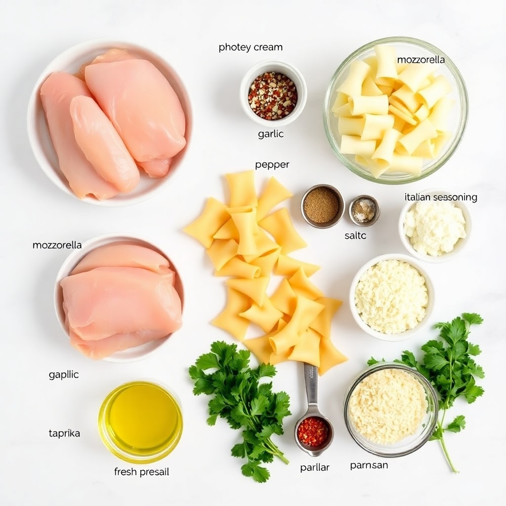 Raw Ingredients for Mozzarella Garlic Butter Chicken Bowties