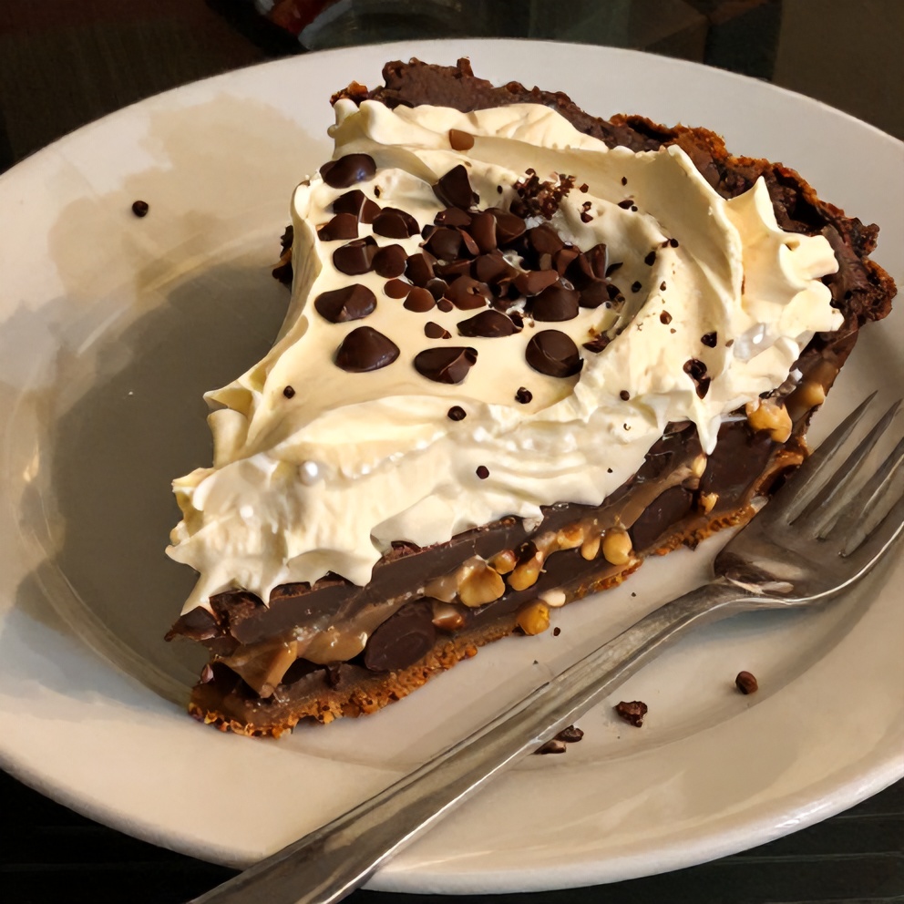 Sliced no-bake chocolate peanut butter pie on a plate with a fork