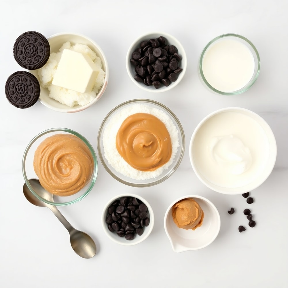 Raw ingredients for no-bake chocolate peanut butter pie: Oreos, butter, peanut butter, powdered sugar, cream cheese, milk, chocolate chips