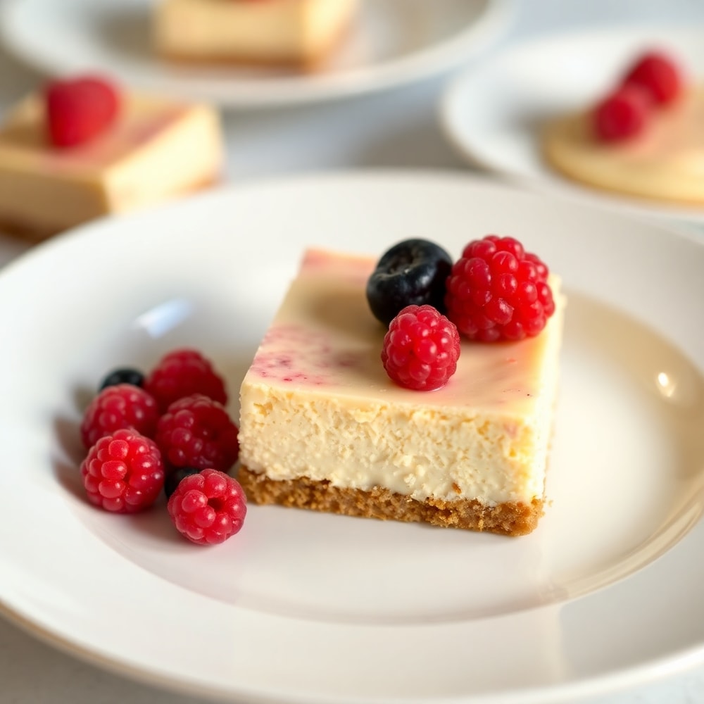 Sliced No Bake Rhubarb Cheesecake Squares on a white plate