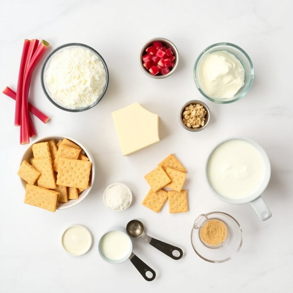 Graham crackers, butter, sugar, cream cheese, rhubarb, and other ingredients for No Bake Rhubarb Cheesecake Squares