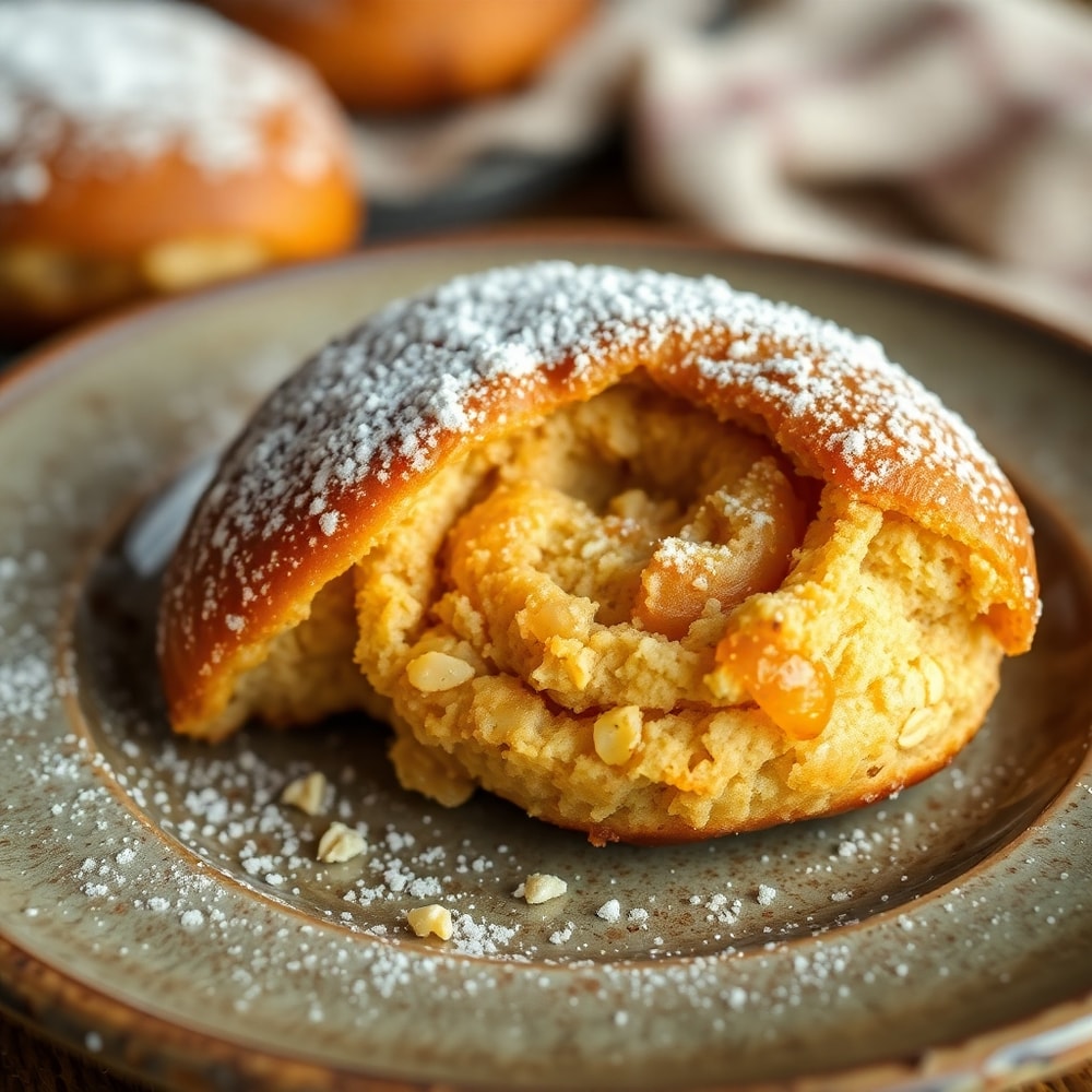 One perfect serving of Oatmeal Molasses Roll on a rustic plate, golden and soft, with a light dusting of powdered sugar and a warm, inviting glow.