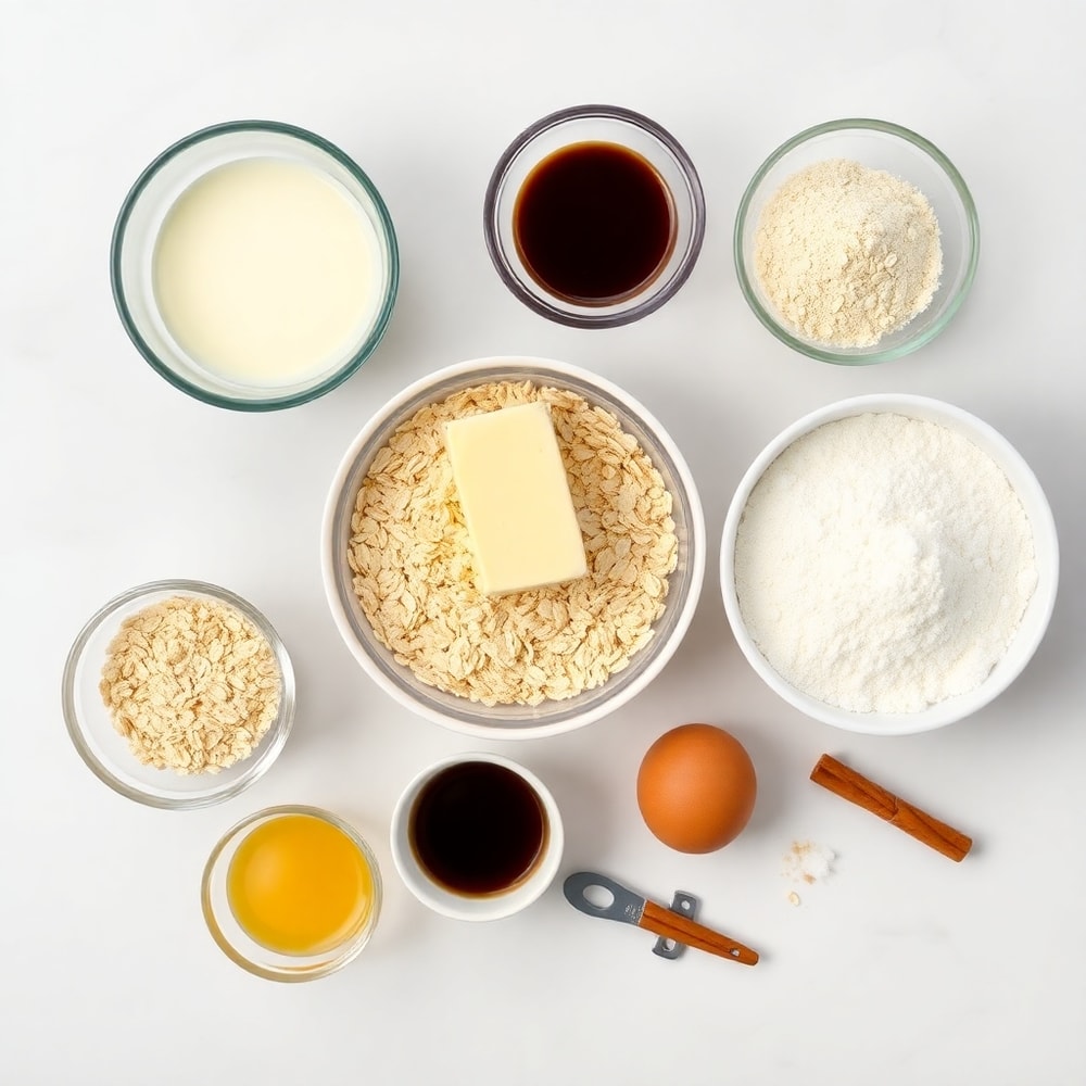 Overhead flat lay of ingredients for Oatmeal Molasses Rolls: warm milk, butter, molasses, oats, flour, sugar, salt, yeast, egg, and cinnamon.