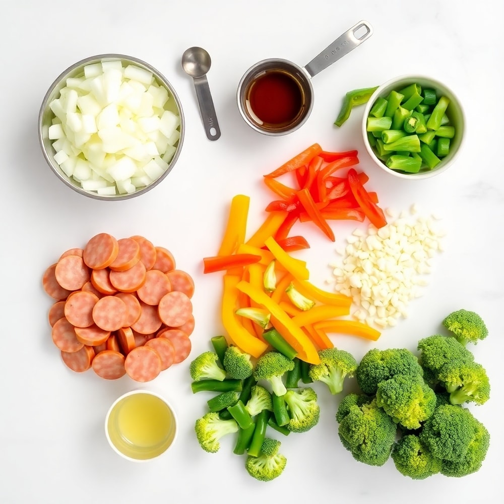 Raw Ingredients for One-Pan Honey Garlic Kielbasa and Veggies