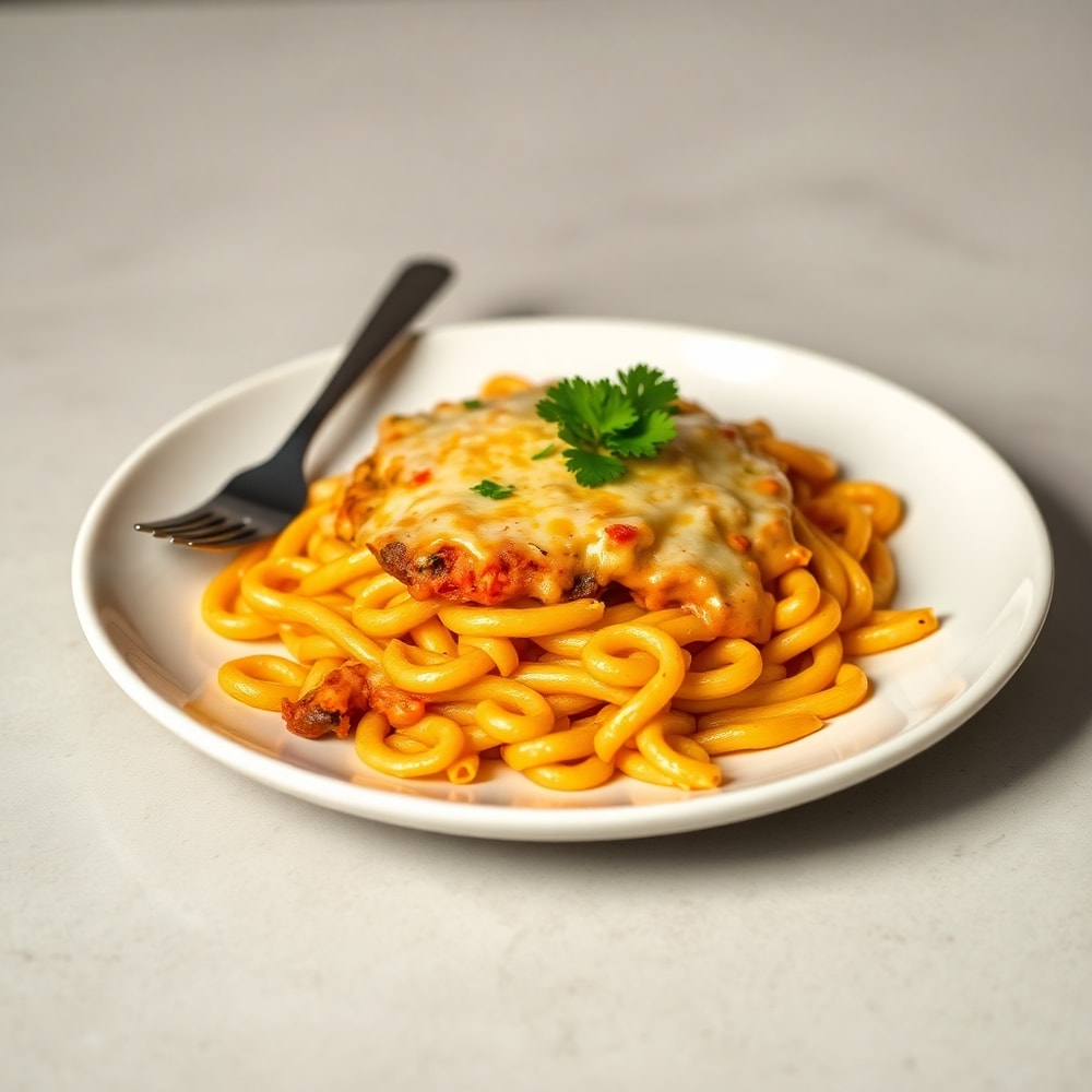 One perfect plated serving of One Pot Cheesy Taco Pasta on a white plate, garnished with fresh parsley, warm side lighting highlighting the creamy cheese and crispy edges