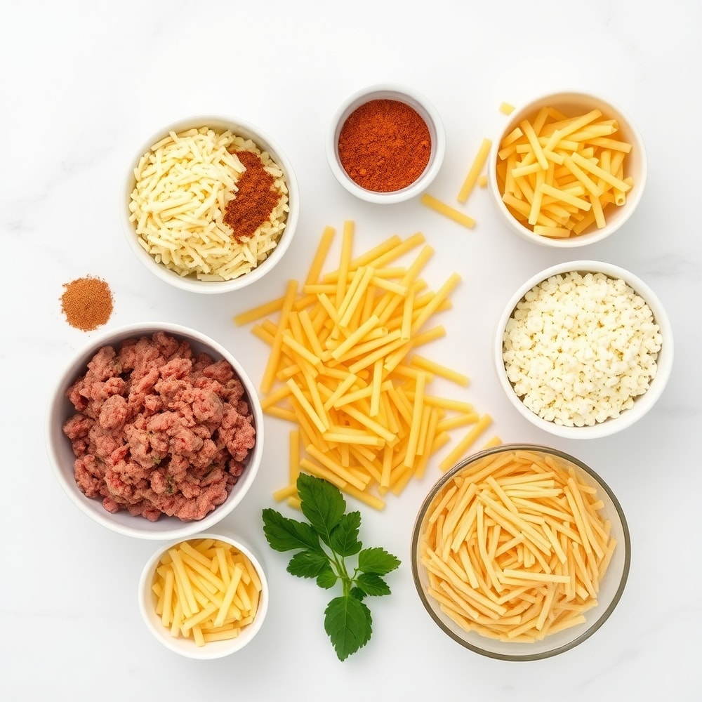 Raw ingredients for One Pot Cheesy Taco Pasta arranged in an overhead flat lay, including ground beef, taco seasoning, pasta, and cheese, on a white marble surface under bright even light