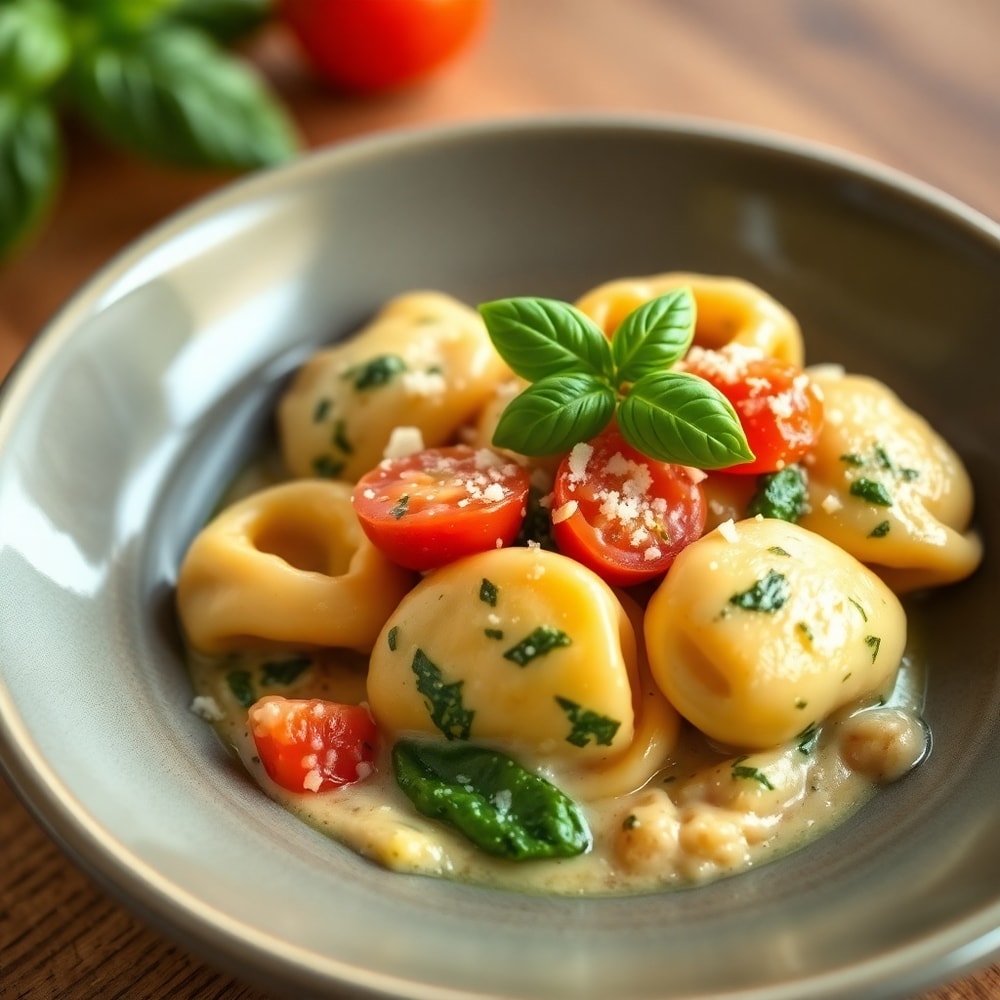 One serving of Creamy Spinach Tomato Tortellini plated on a shallow bowl, garnished with fresh basil and a sprinkle of parmesan.