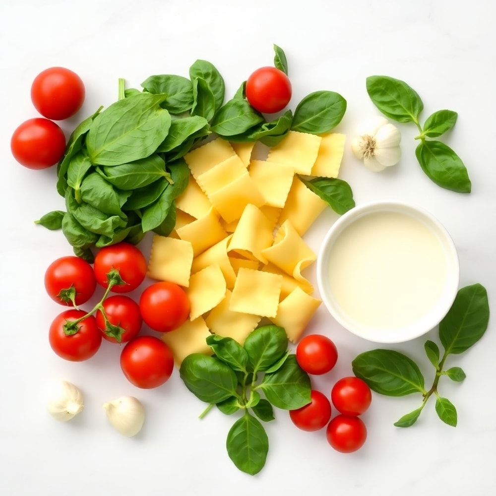 Raw ingredients for One Pot Creamy Spinach Tomato Tortellini - tortellini, spinach, cherry tomatoes, garlic, and heavy cream arranged in an overhead flat lay.