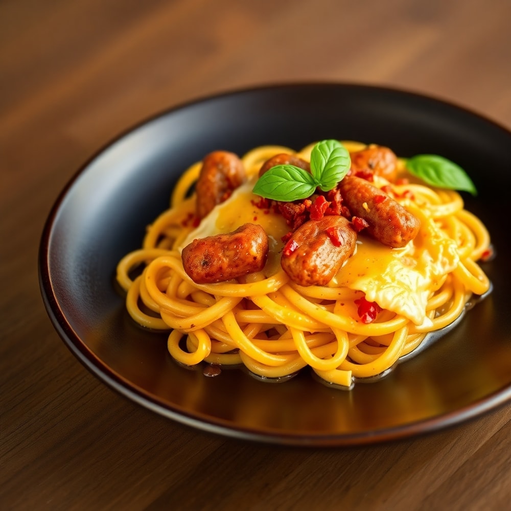One-Pot Honey BBQ Sausage Pasta plated with melted cheese and crispy sausage
