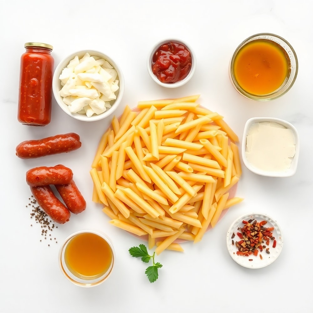 Raw ingredients for One-Pot Honey BBQ Sausage Pasta including sausage, pasta, honey, BBQ sauce, and cheese