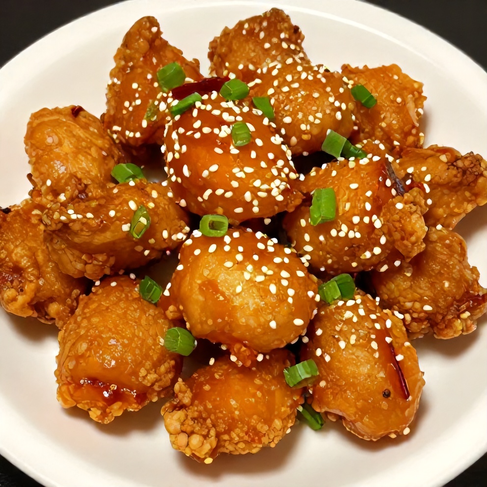 Plated orange chicken with green onions and sesame seeds