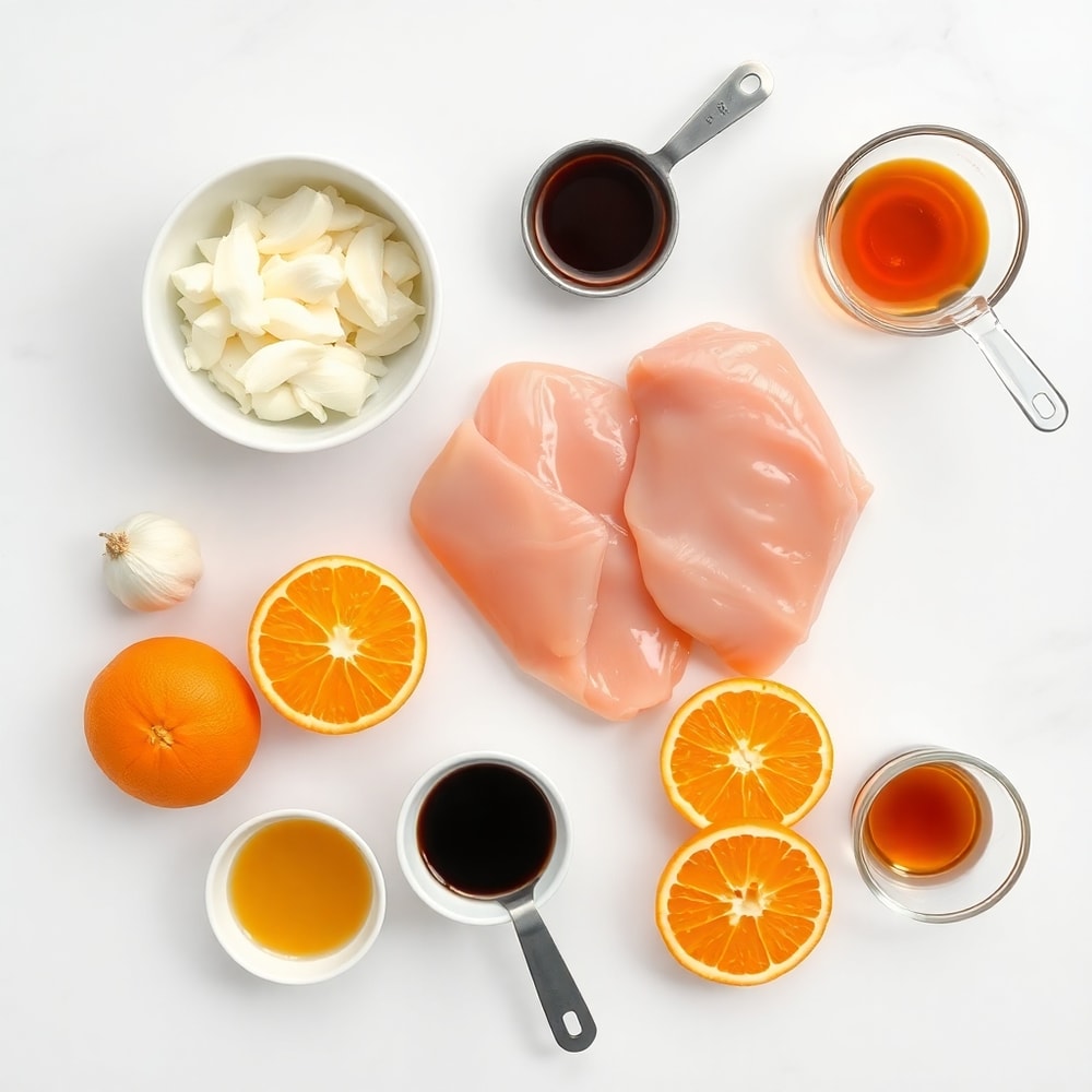 Raw ingredients for orange chicken on a white marble surface