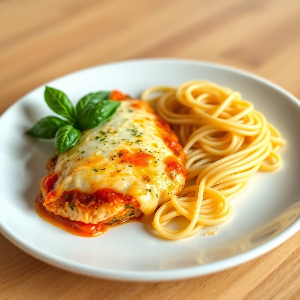 Plated baked chicken parmesan with side of pasta