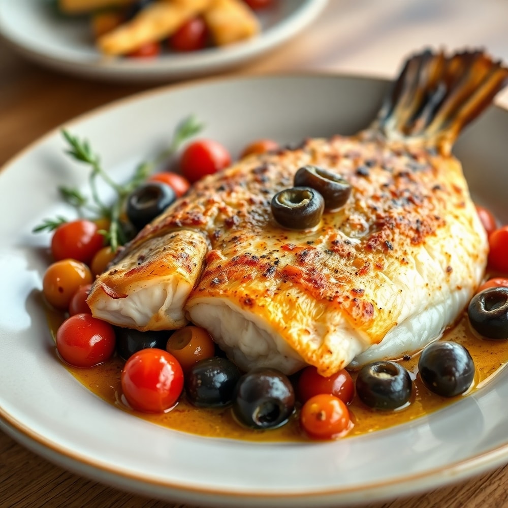 Plated serving of oven-baked sea bass with olives and cherry tomatoes