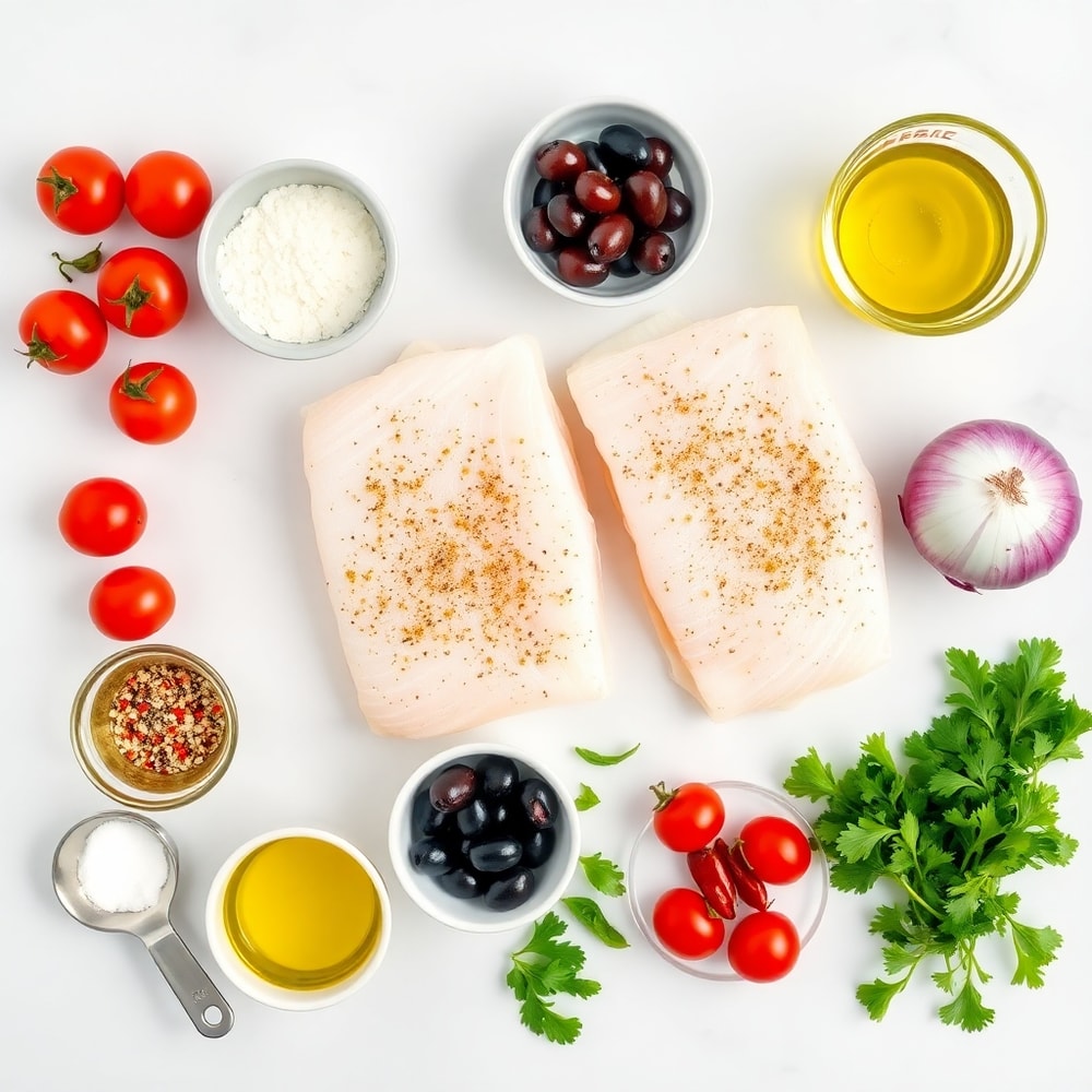 Raw ingredients for oven-baked sea bass with olives and cherry tomatoes