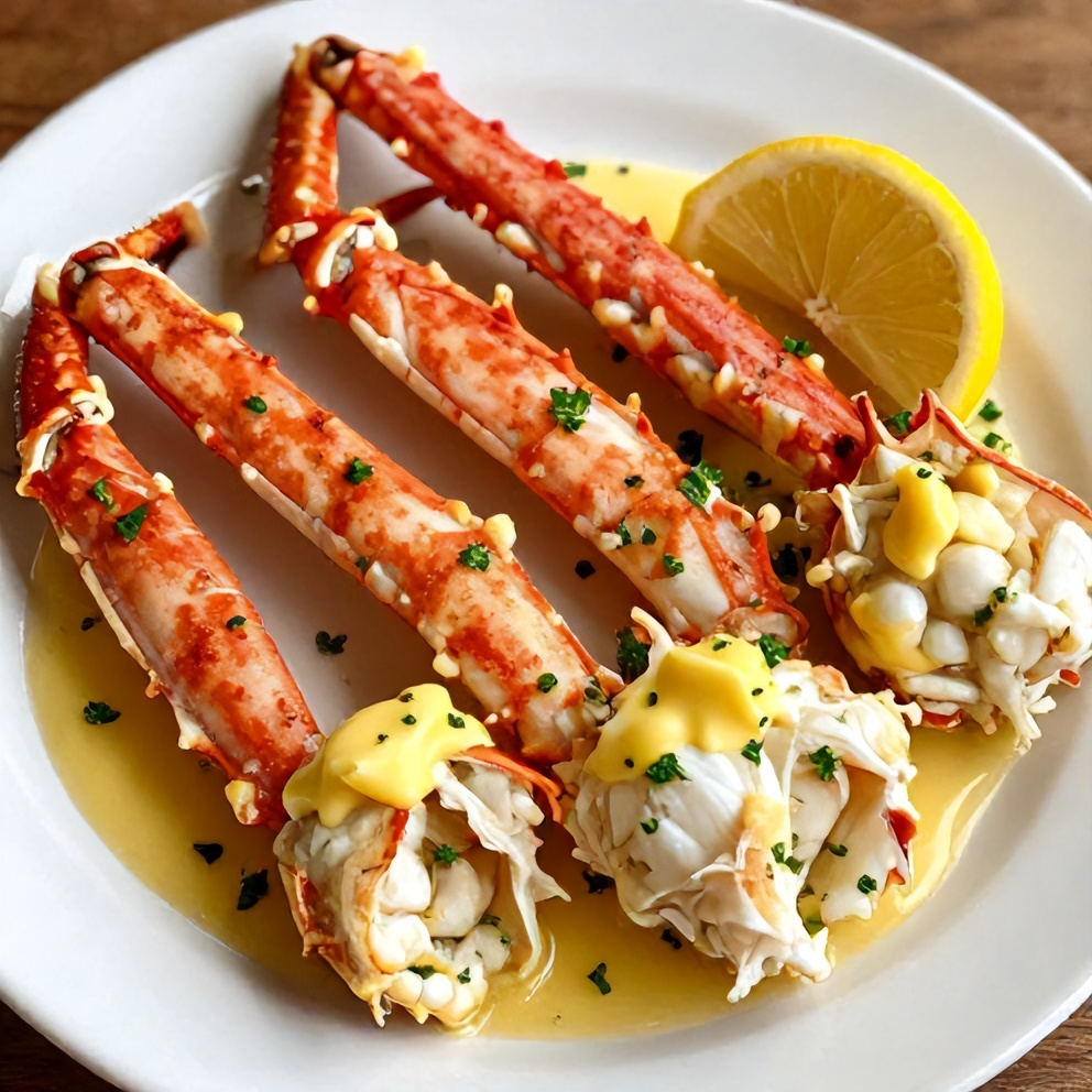 Plated serving of oven baked snow crab legs