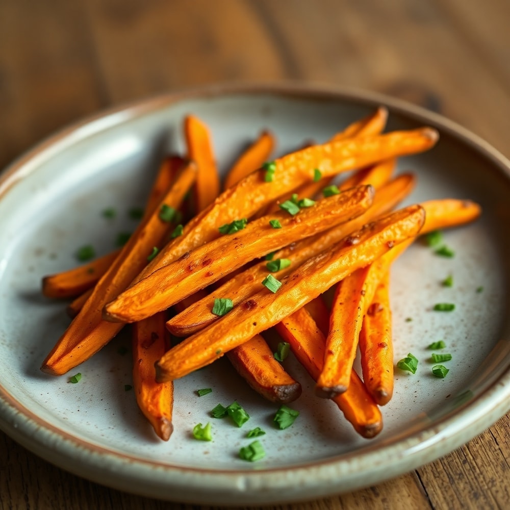 Perfectly baked sweet potato fries on a rustic plate with a sprinkle of chopped parsley