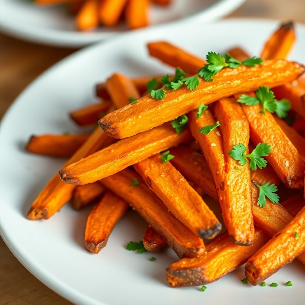 Plated serving of crispy oven baked sweet potato fries