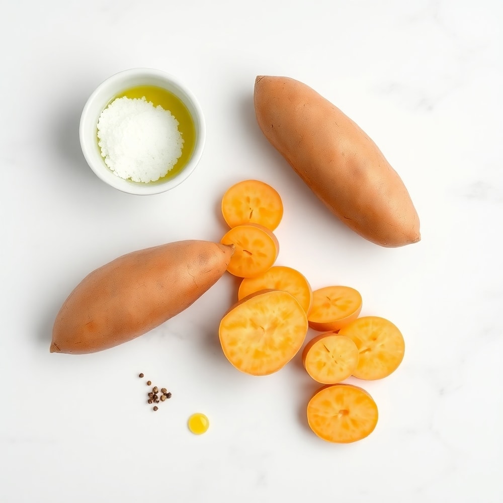 Raw sweet potato, olive oil, salt, and pepper arranged in a flat lay on a white marble surface