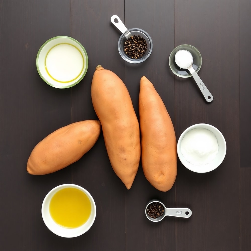 Sweet potato fries ingredients on a wooden surface