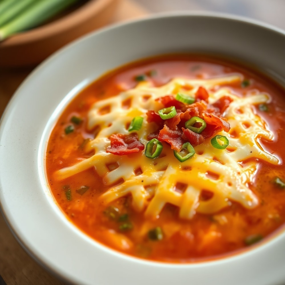 Paleo Pizza Soup served in a bowl with crispy bacon and melted cheese on top