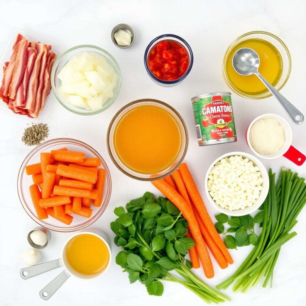 Raw ingredients for Paleo Pizza Soup including bacon, vegetables, and canned tomatoes arranged on a marble surface