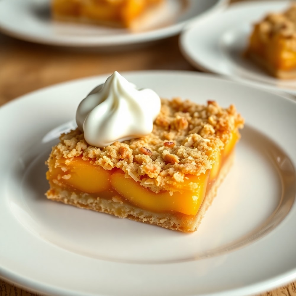Peach Crumb Bars on a white plate