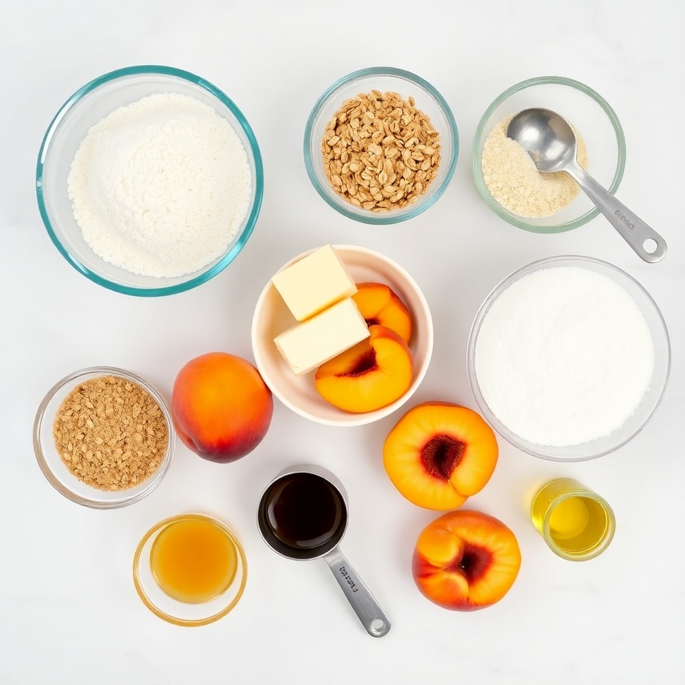Raw ingredients for Peach Crumb Bars on a marble surface
