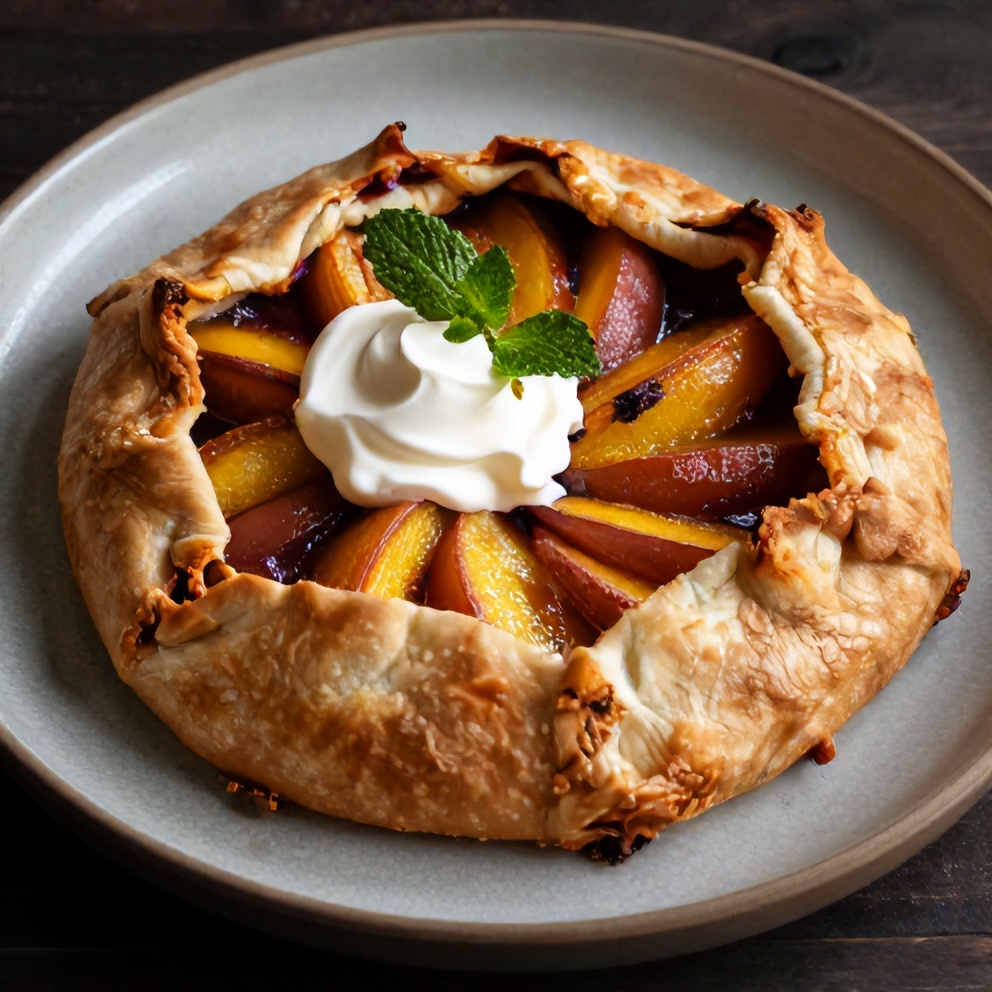 Plated slice of brown butter peach galette on a rustic plate